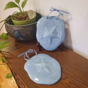 Pair of Blue Ceramic Sand Dollar Decorative Wall Hangings 6.5" Naples Lot of 2